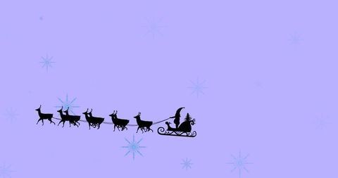 Silhouette of Santa's Sleigh Flying Across a Lavender Sky with Snowflakes