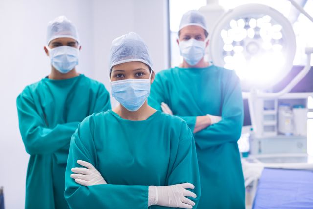 Team of surgeons wearing surgical mask in operation theater of hospital