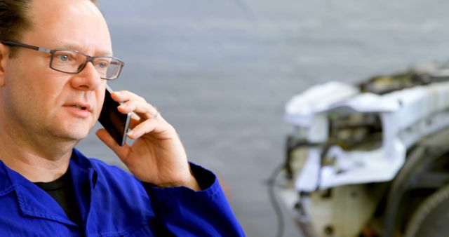 Mechanic Talking on Phone in Auto Repair Shop - Download Free Stock Images Pikwizard.com