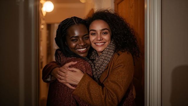 Two women sharing warm hug in cozy hallway wearing brown coats and knitted scarf