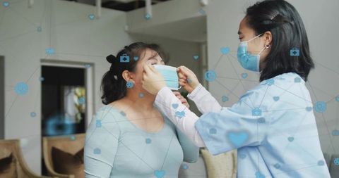 Nurse adjusting surgical mask on patient with digital health network overlay