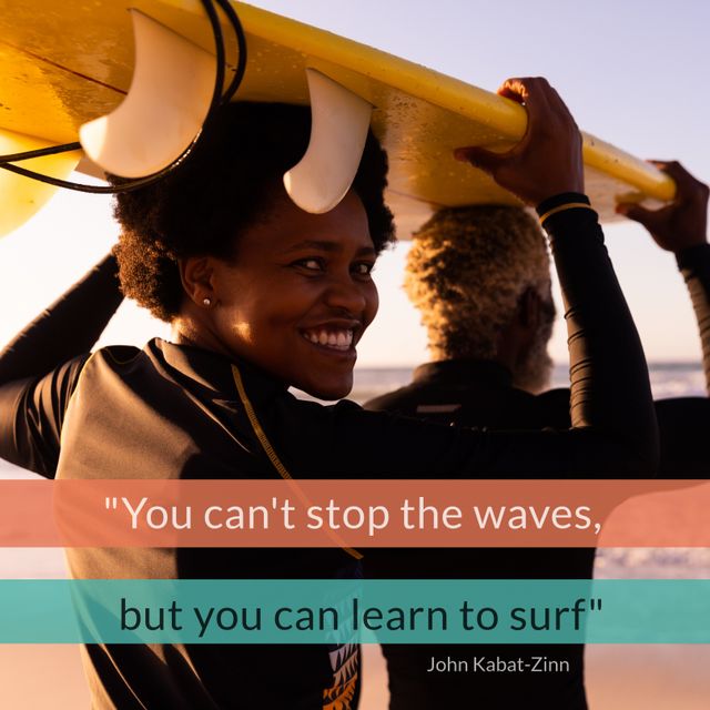 African American couple smiling while carrying a surfboard at sunset on a beach. Inspirational quote by John Kabat-Zinn emphasizing the importance of adapting to life's challenges. Ideal for use in blog posts, wellness websites, motivational posters, social media promotions, and travel marketing materials.