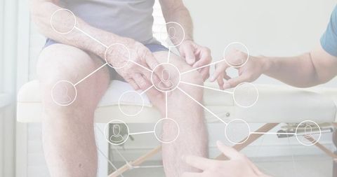 Examining senior knee with network overlay for telehealth orthopedics and joint care