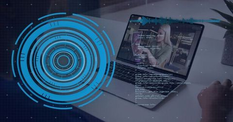 Professional Working on Laptop with Blue Holographic HUD, Waveform and Code Overlay