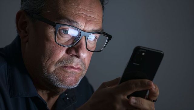 Senior man reading smartphone in low light with glasses reflection and serious expression