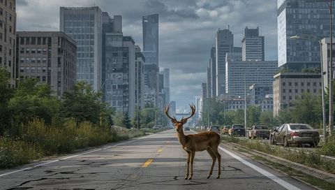 Wild stag on quiet urban street amid tall skyscrapers
