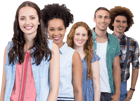 Transparent young adults smiling confidently in line