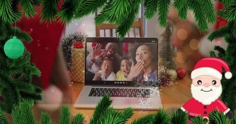 Family video call with christmas holiday flair