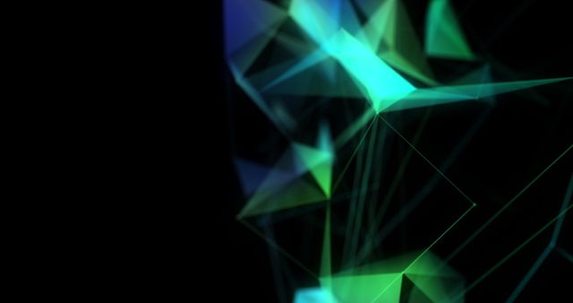 Bright 3D green and blue geometric shapes giving off a futuristic feel and floating against a dark background. This can be used for technology visualizations, digital artwork, or as an eye-catching background for presentations and web design elements to create a compelling, modern appearance.