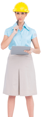 transparent female architect with hard hat holding clipboard thinking pose - Download Free Stock Videos Pikwizard.com