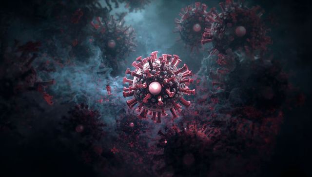 Floating glowing virion showing glossy core and spike proteins in volumetric fog