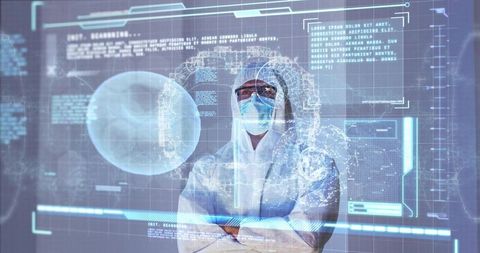 Futuristic researcher studying holographic data globe in sterile laboratory with protective suit