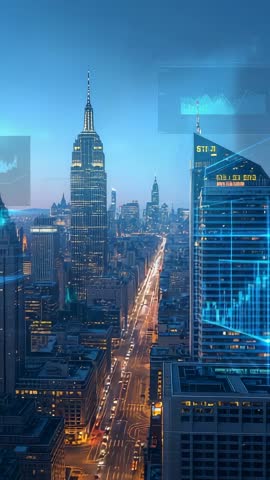 Vertical video showing New York skyline at dusk with light trails and digital analytics overlays