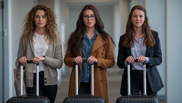Three women standing with wheeled suitcases in airport corridor wearing smart outerwear