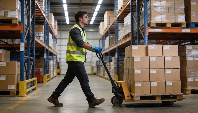 Warehouse worker pushing pallet jack guiding stacked boxes wearing hi-vis vest and gloves