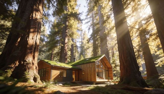 Sustainable wooden cabin with living green roof bathing in sunbeams among giant redwoods