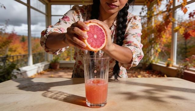 Woman squeezing pink grapefruit into glass on sunlit autumn porch