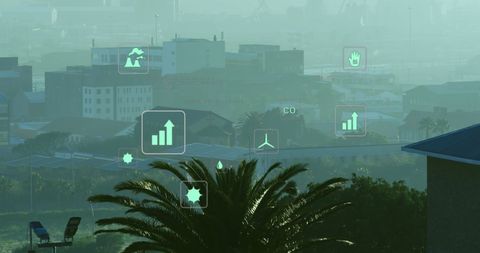Digital Data Icons Overlaying Misty Cityscape Scene