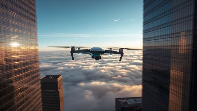 Flying compact quadcopter navigating city canyon at sunrise above clouds and skyscrapers