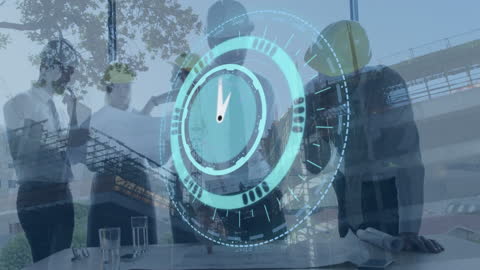 Digital Clock Overlaying Engineers at Construction Site
