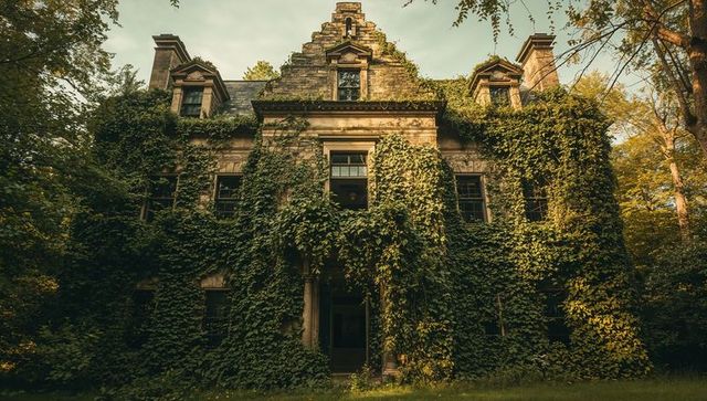 Historic Stone Mansion Under Heavy Ivy Drape in Lush Green Forest
