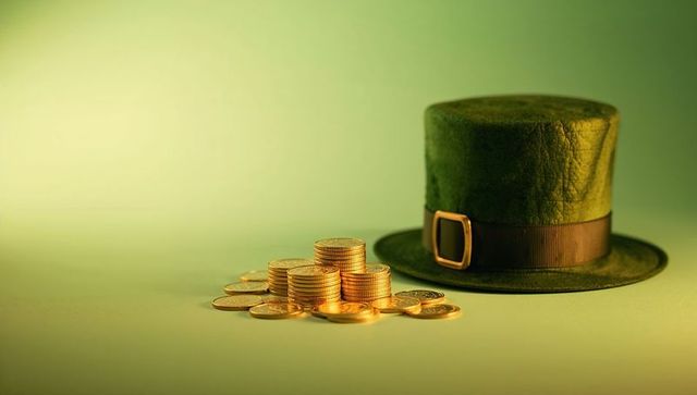 Green Leprechaun Hat with Stacked Gold Coins on Emerald Backdrop for St Patrick's Day