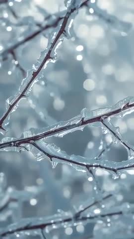 Dripping iced branches catching shifting light in winter park vertical macro video