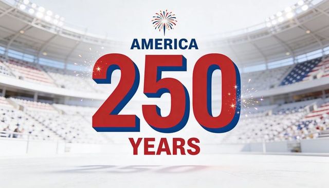 America 250 years patriotic stadium celebration with fireworks, flags, bold 3d numerals