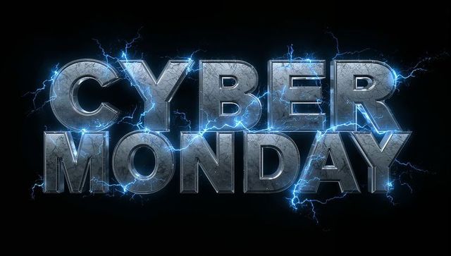 Cyber monday metal 3d lettering glowing with electric blue lightning and neon sparks