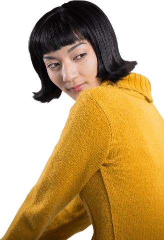 Female Model in Yellow Knitwear Posing Look Away Transparent