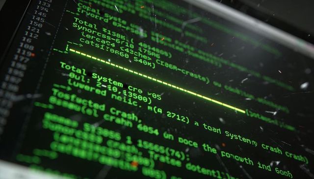 Green terminal code on monitor with progress bar and cyberpunk reflections