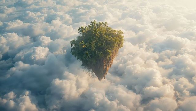 Floating Island Paradise Above Clouds with Lush Palms
