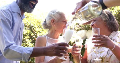 Happy Seniors Gathering Toasting at Outdoor Wedding Celebration