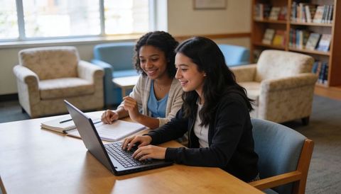 Teen Students Collaborating on Laptop in School Library Studying Together and Smiling
