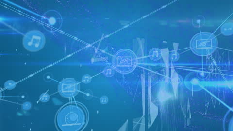 Global Network Connection with Technology Icons and Blue Digital Background