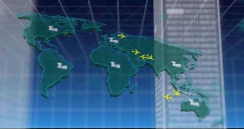 Updating global logistics display with yellow aircraft tracking cargo on hex grid world map