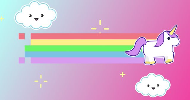 Image of white colored unicorn with yellow horn and purple tail walking and leaving rainbow behind against animated clouds and stars background.