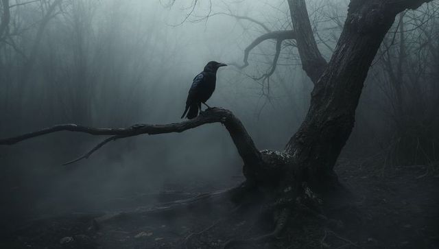 Solitary Crow Perched on Gnarled Branch in Misty Forest