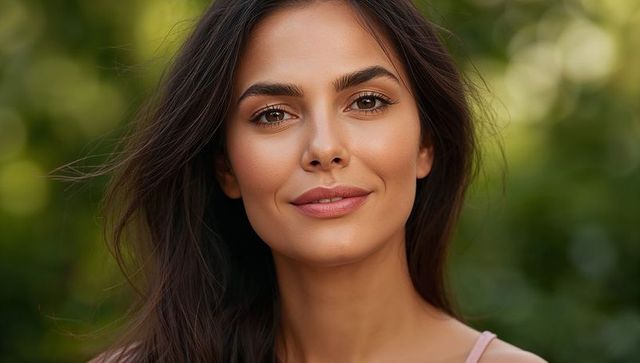 Smiling woman with long dark hair in sunlit garden wearing spaghetti-strap top portrait