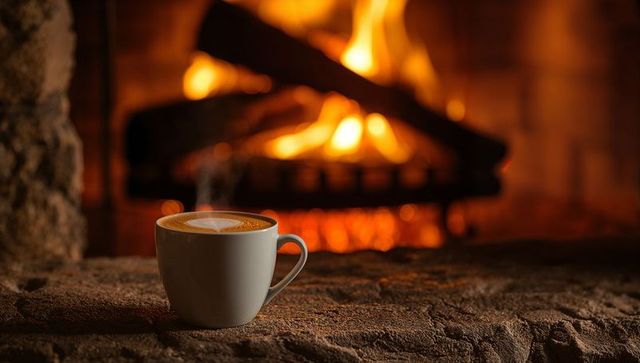 Steaming Latte with Heart Foam on Stone Hearth beside Glowing Fireplace, Cozy Warmth