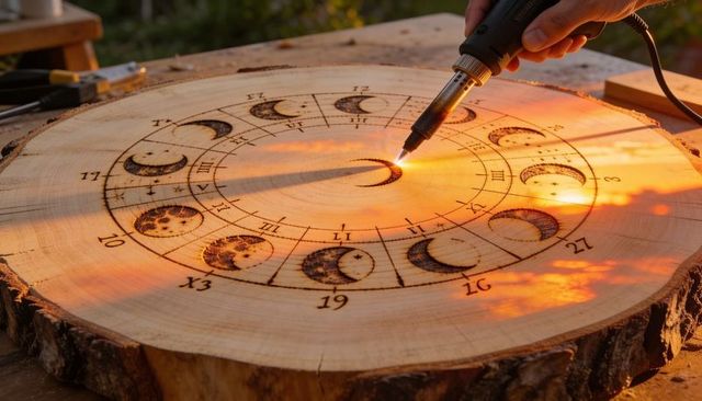 Pyrography moon phase chart on rustic wood slice at golden hour workshop