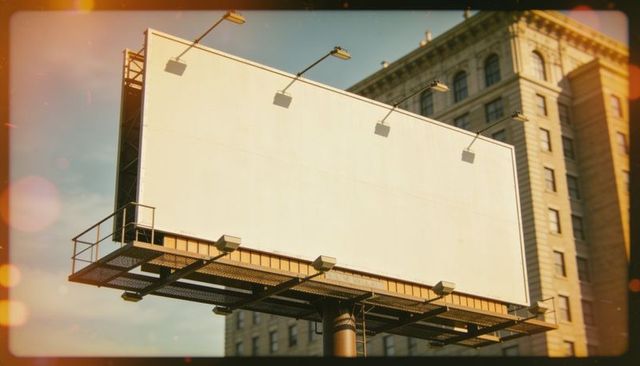 Blank billboard standing over urban street with catwalk, ladder and sunlit vintage lighting