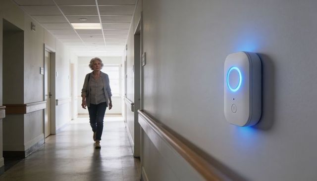 Senior woman walking down care corridor with illuminated emergency alert device on wall