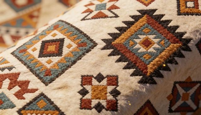Handcrafted wool embroidery with geometric southwestern-inspired motifs and textured tufting