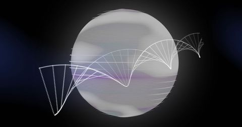 Digital dna strand circling global sphere concept