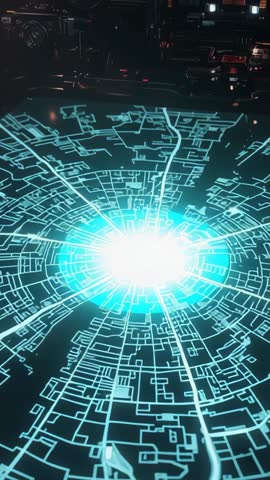 Futuristic holographic city grid pulsing over control console for vertical tech video