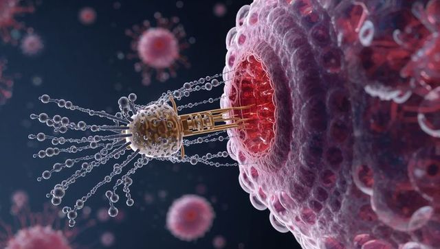 Nanoparticle injector penetrating host cell membrane with viral capsid spikes and beaded filaments