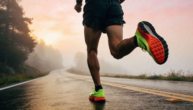 Dawn road sprint with neon green running shoes on wet winding forest highway