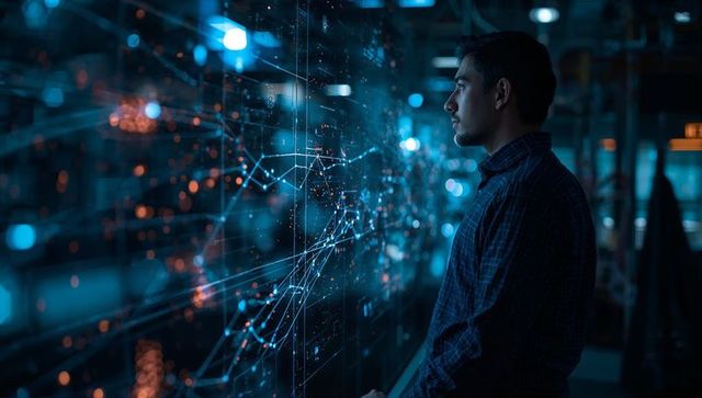 Engineer analyzing holographic network visualization on glass display in datacenter lab