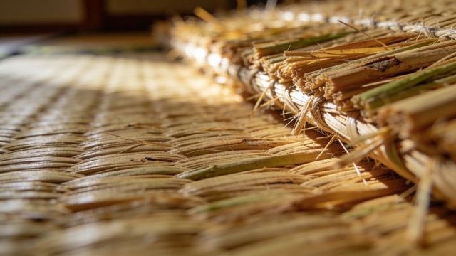 Macro closeup of woven straw tatami mat with braided bound edge and warm natural texture